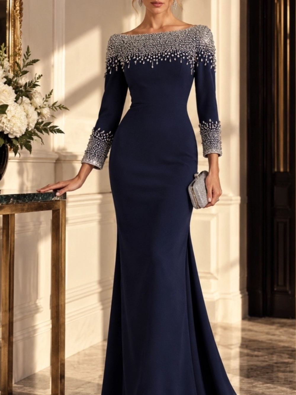 Beaded Off-Shoulder Maxi Dress in Blue